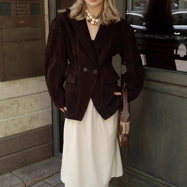 Women Tailored Velvet Imitation Blazer with Double Breasted and Patch Pockets Mune Fashion
