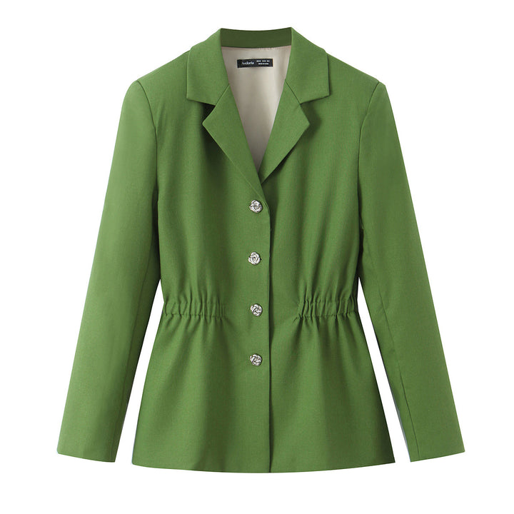 Women's Tailored Blazer with Drawstring Waist, Notched Collar and Decorative Buttons Mune Fashion