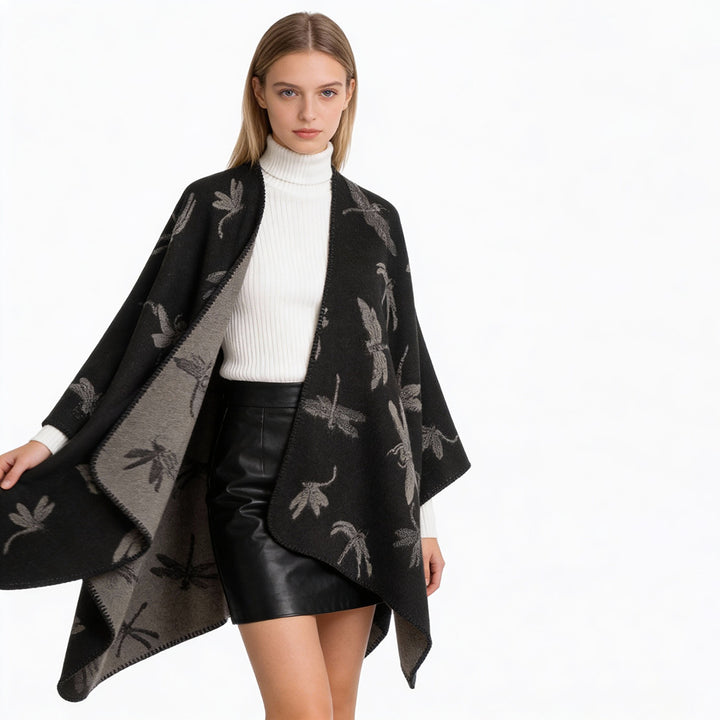 Women's Wool Blend Poncho with Dragonfly Jacquard and Open Waterfall Cut Mune Fashion
