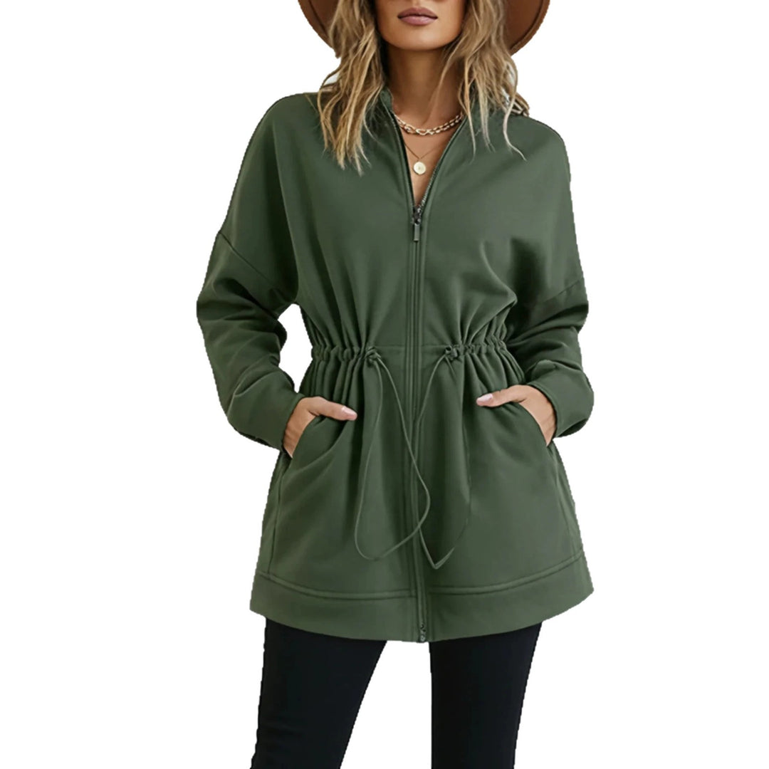 Women’s hooded jacket with waist drawstring, zipper, and side pockets Drune