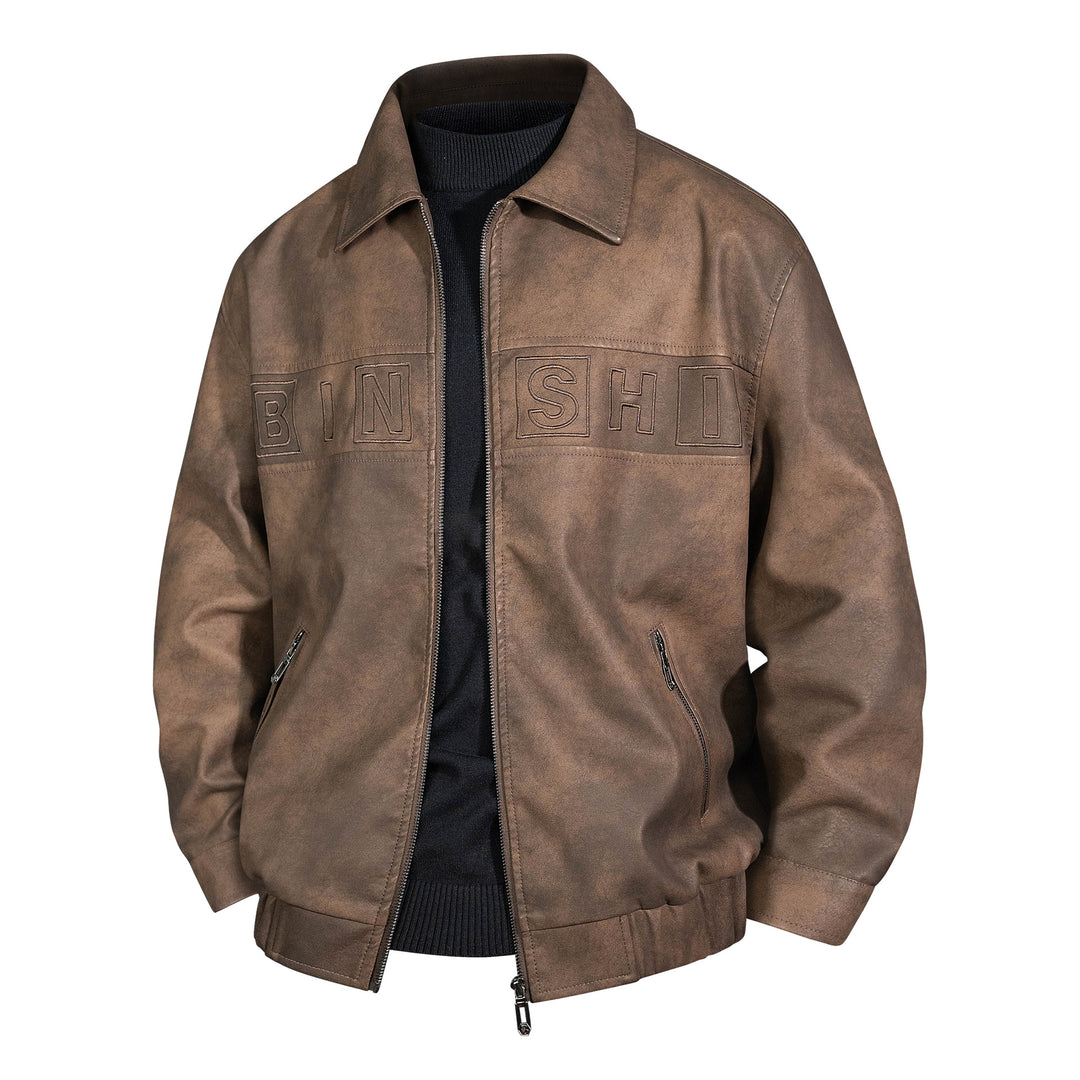 Men's Suede Look Bomber Jacket with Applied Logo and Zipper Mune Fashion