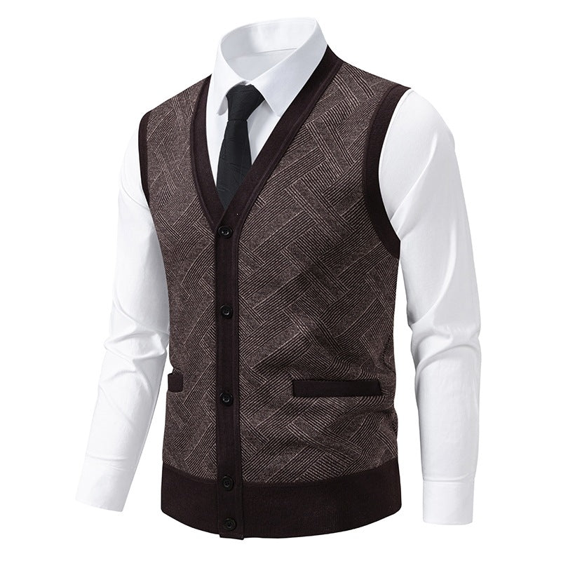 Men's fine-knit vest with V-neck, button placket and diamond pattern Mune Fashion
