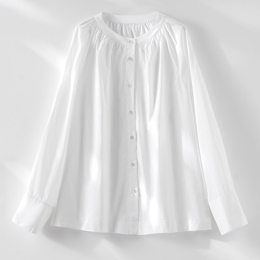 Women’s blouse with round neckline, full-button placket and gathered yoke Mune Fashion
