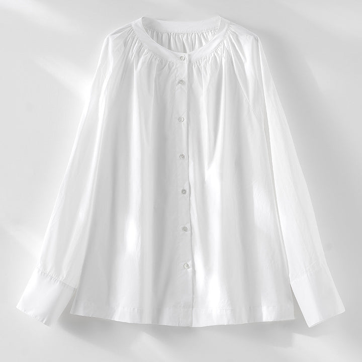 Women’s blouse with round neckline, full-button placket and gathered yoke Mune Fashion