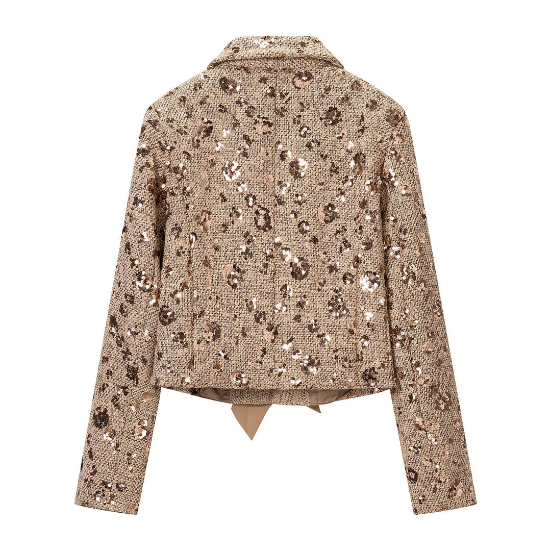 Women's short blazer made of tweed with sequin trim and bow closure Mune Fashion