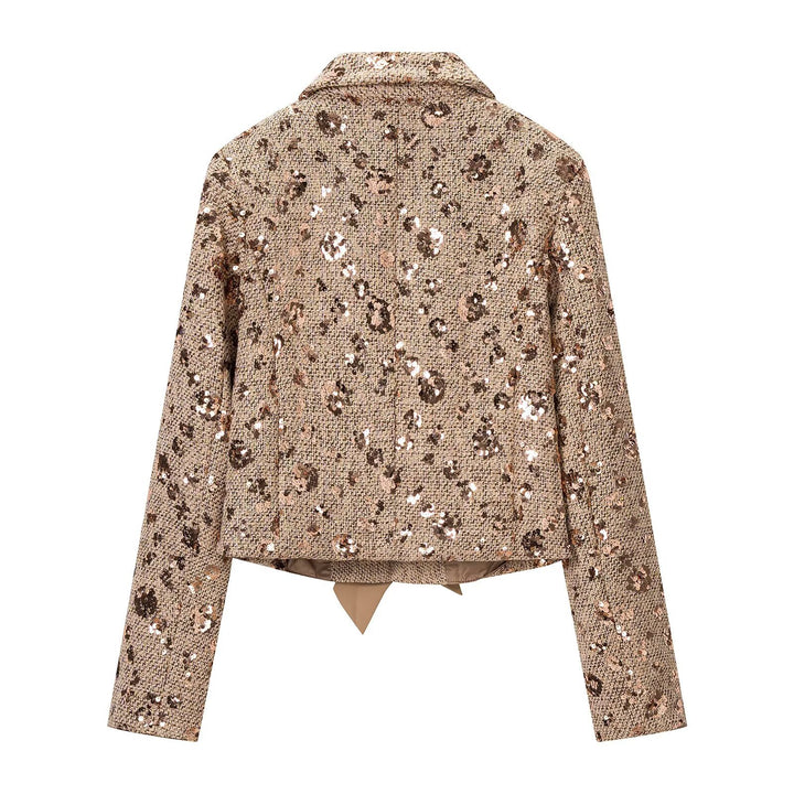 Women's short blazer made of tweed with sequin trim and bow closure Mune Fashion