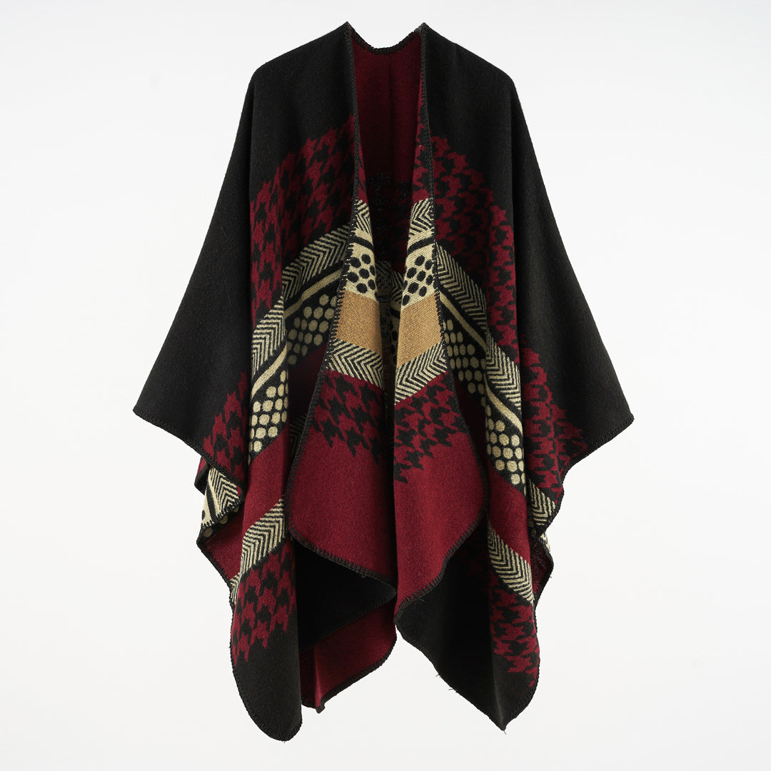 Women's Cozy Oversized Cape Poncho made of Wool Blend with Houndstooth and Graphic Jacquard