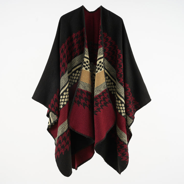 Women's Cozy Oversized Cape Poncho made of Wool Blend with Houndstooth and Graphic Jacquard