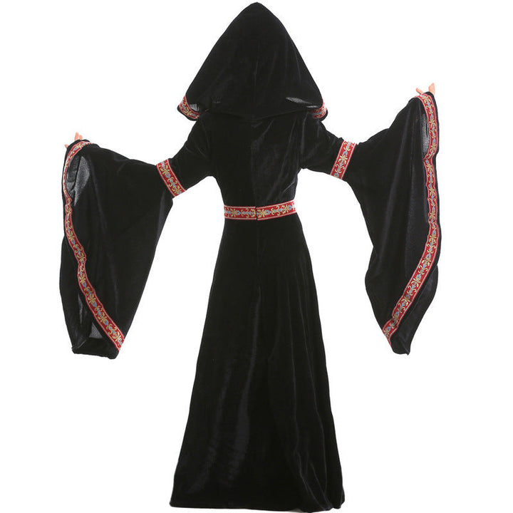Ladies Elegant Sorceress Costume with Flared Sleeves and Playful Hooded Collar Mune Fashion
