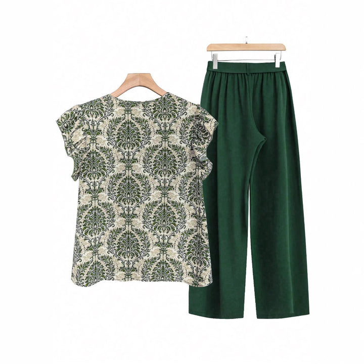 Women's two-piece ensemble with ruffled print blouse and wide waist trousers model Mune Fashion