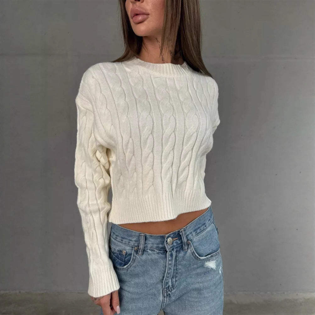 Women's Short Boxy Cable Knit Sweater with Ribbed Hem and Round Neckline Mune Fashion