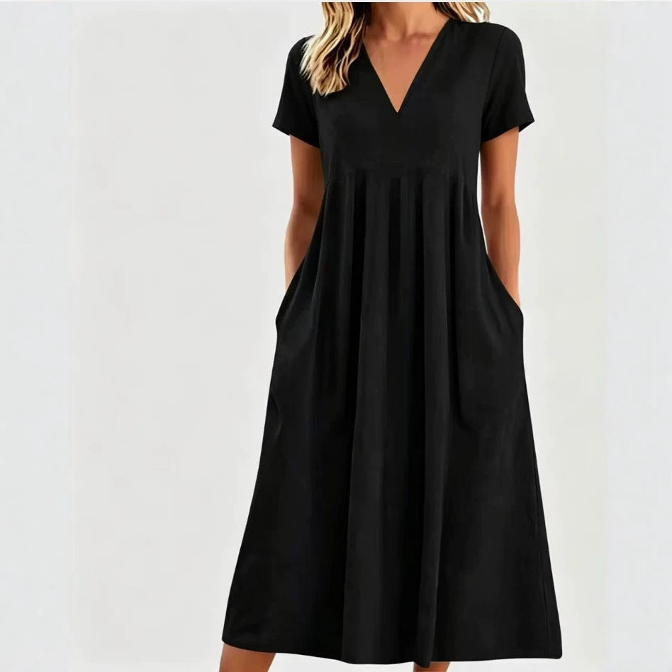 Women nan legeres V-neck midi dress with side pockets and gathered empire seam Mune Fashion