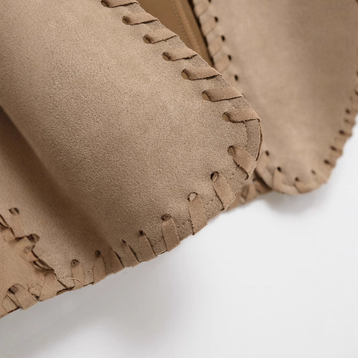 Women's Short Suede-Look Vest with Decorative Whipstitch and Tailored Darts Mune Fashion