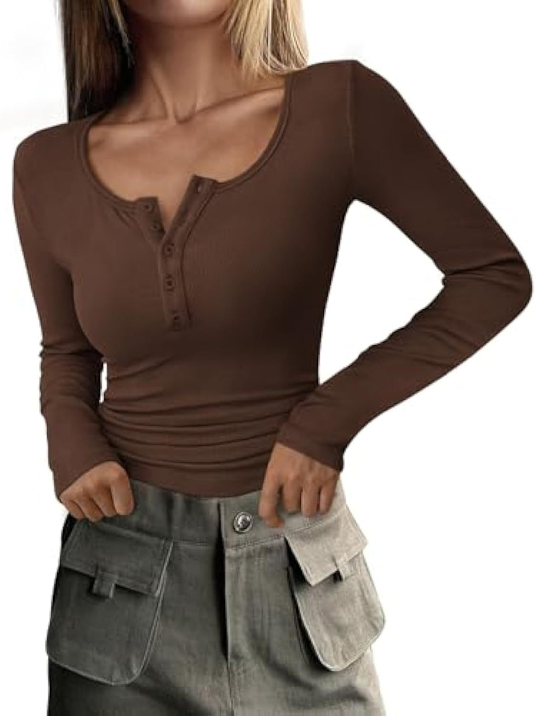 Women Long Sleeve Ribbed Shirt with Henley Button Placket and Tailored Fit Drune