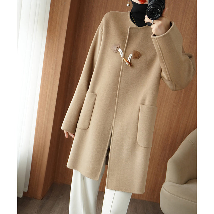 Women's Mid-length Wool Blend Coat with KnMune Fashion Fastenings, Boxy Silhouette and Patch Pockets Mune Fashion