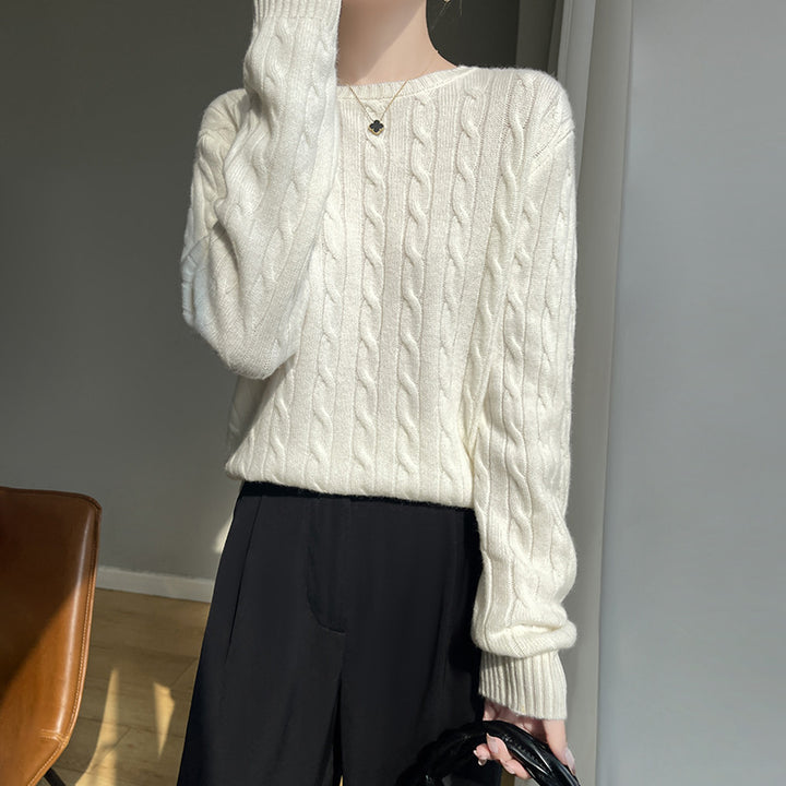 Women's cable knit round neck sweater made of soft wool blend with ribbed cuffs Mune Fashion