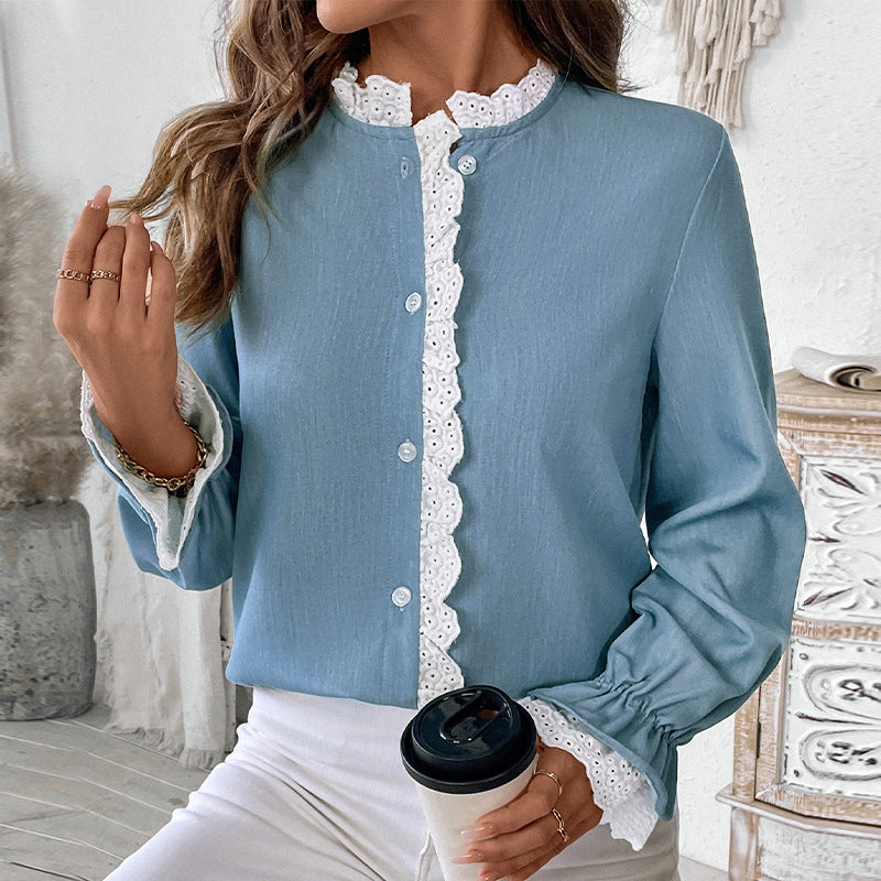 Ladies Romantic Blouse with Crochet Lace Trim and Balloon Sleeves Mune Fashion