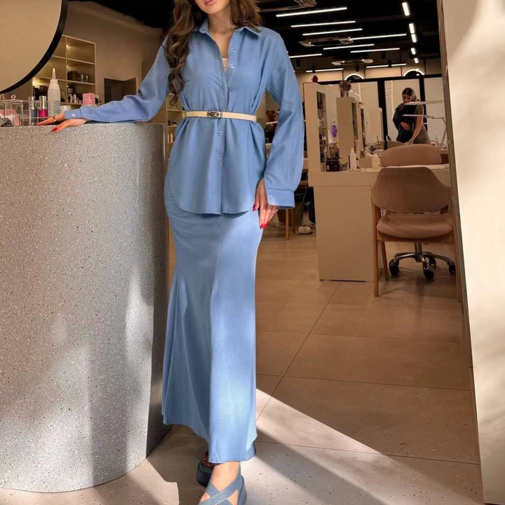 Women Two-Piece Set Tube Maxi Skirt with Flared Hem and Oversize Shirt Mune Fashion