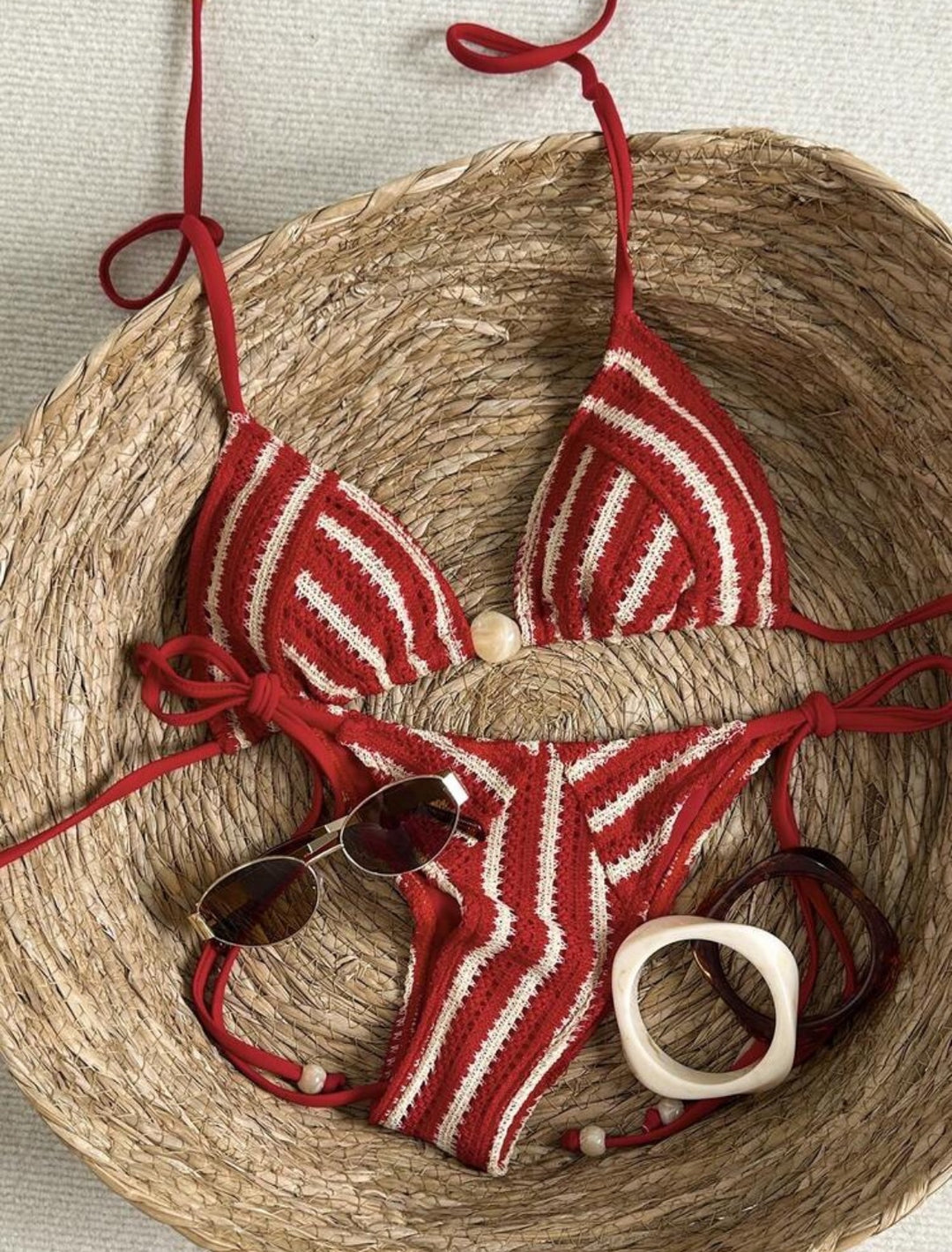 Ladies Hand-Crocheted Bikini with Maritime Stripe Pattern Mune Fashion