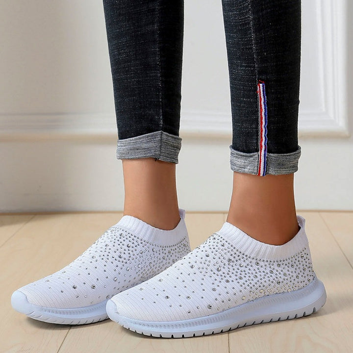 Women’s knitted slipper sneaker with rhinestone embellishment and flexible comfort sole Mune Fashion
