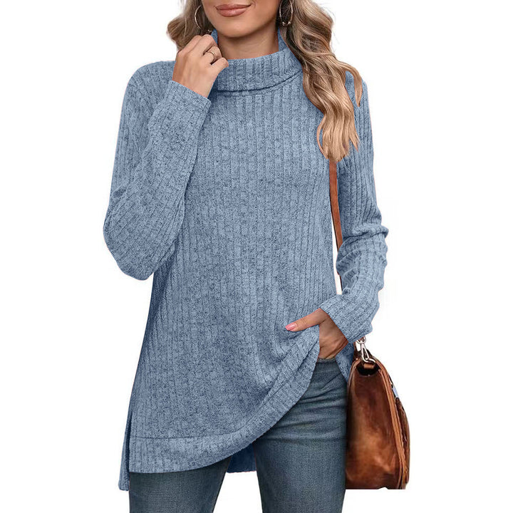 Women's ribbed knit tunic with roll neck, side slits, and extended hem Mune Fashion