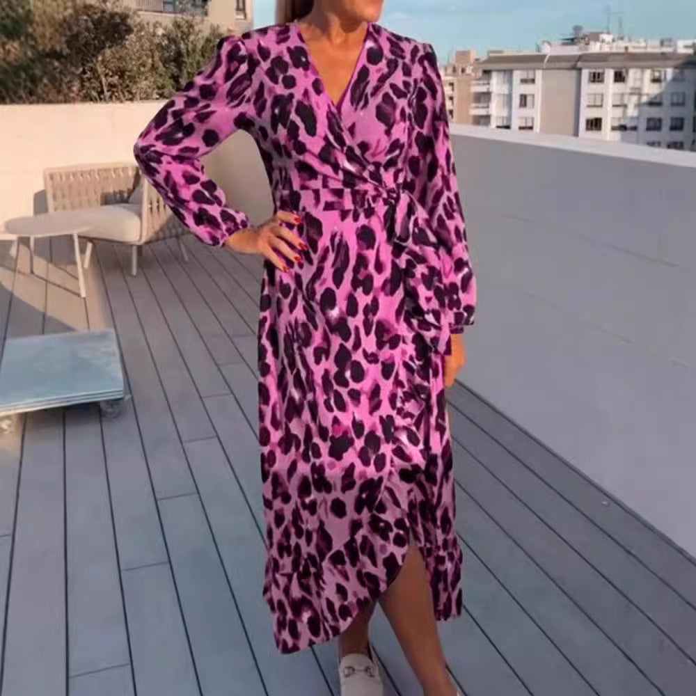 Women’s wrap midi dress with waist tie, V-neck, balloon sleeves and asymmetrical hem Mune Fashion