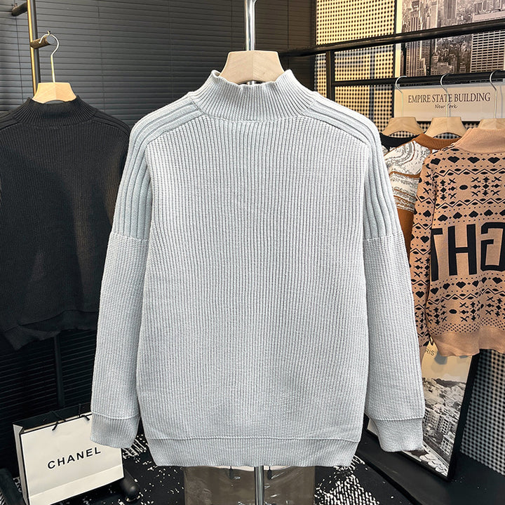 Men's chunky knit pullover with half button placket and high stand-up collar Mune Fashion