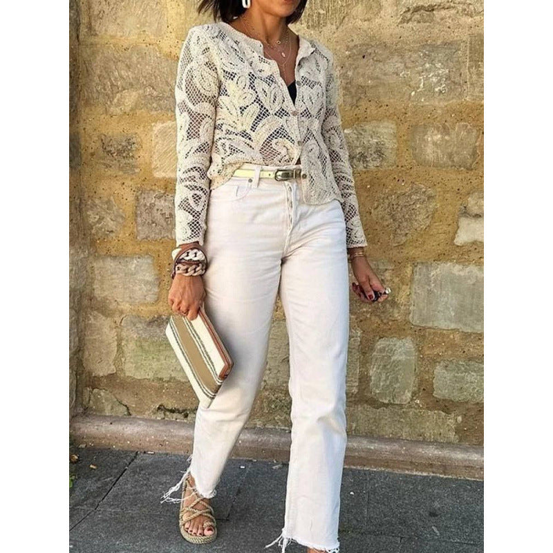 Women's Crochet Cardigan with Floral Openwork Pattern, Button Placket & Wavy Hem Mune Fashion