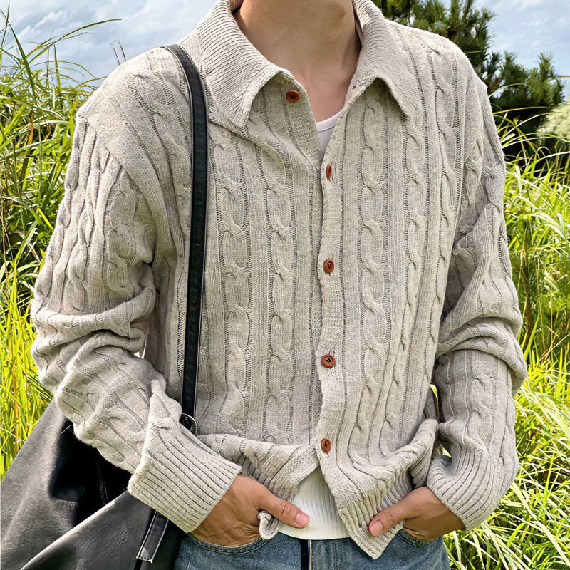 Men's cardigan with cable pattern, shirt collar and full button placket Mune Fashion