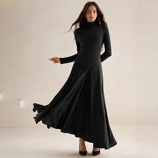 Women Elegant Long Sleeve Maxi Dress with High Neck and Flowing Skirt Mune
