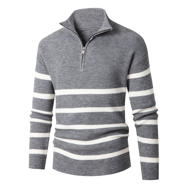 Men's Maritime Stripe Mockneck Pullover with Half Zip and Ribbed Fine Knit Mune Fashion
