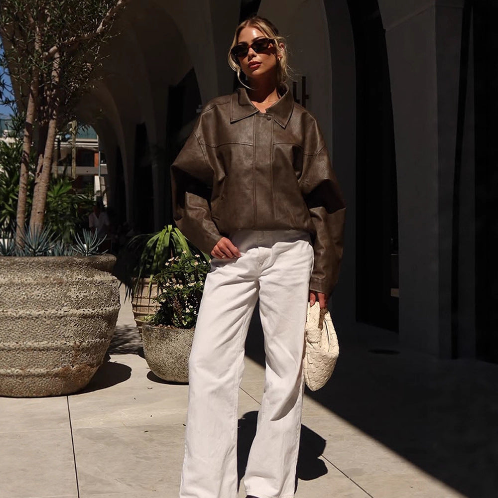 Women Boxy Cropped Faux Leather Blouson with Oversized Shoulder Mune Fashion