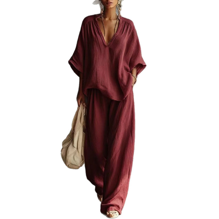 Women's casual two-piece linen-look set with deep V-neck, oversized blouse and wide palazzo pants Mune Fashion