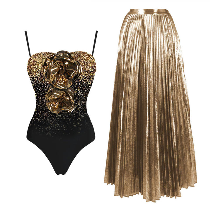 Women Elegant Glittering Swimsuit and Skirt Set Mune Fashion