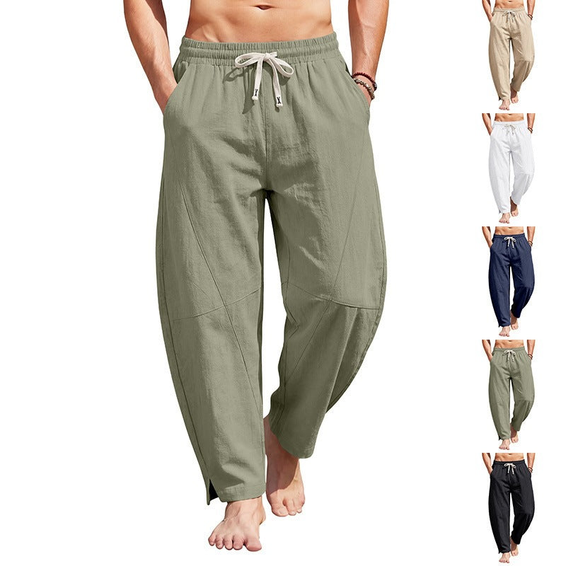 Men's casual linen lounge pants with elastic drawstring waistband, cord drawstring and side leg cuff Mune Fashion