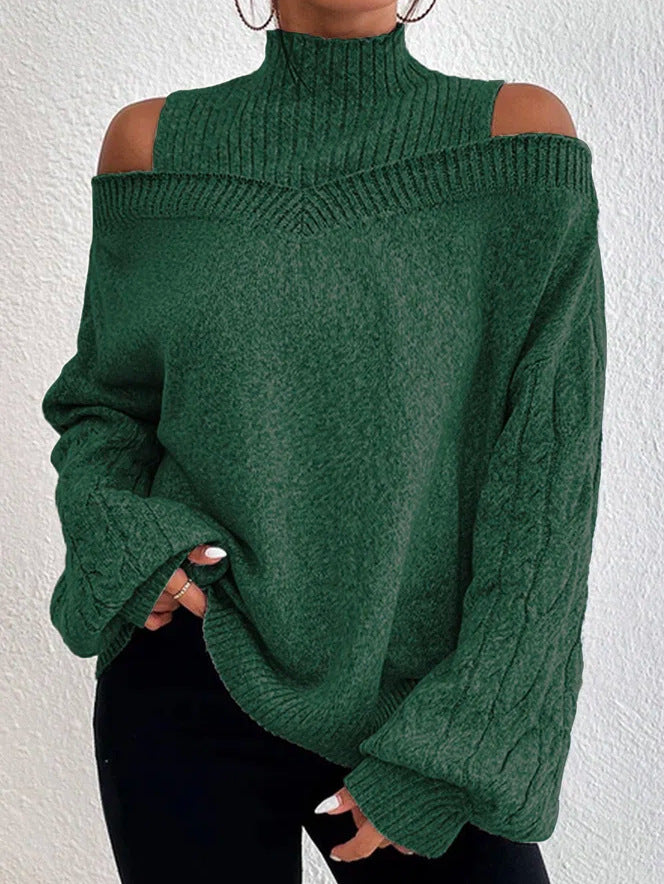 Women's off-the-shoulder knitted pullover with stand-up collar and cable-knit sleeves Mune Fashion