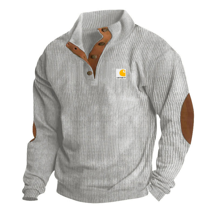 Men's knitted pullover in Troyer style with stand-up collar leather trim snap button placket and elbow patches Mune Fashion