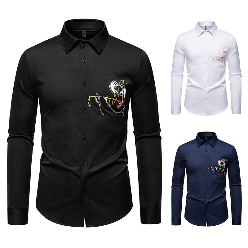 Men's Slim-Fit Business Shirt with elaborate chest embroidery and Kent collar Mune Fashion