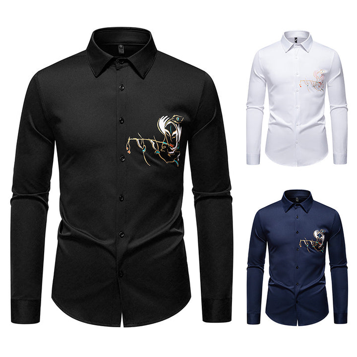 Men's Slim-Fit Business Shirt with elaborate chest embroidery and Kent collar Mune Fashion