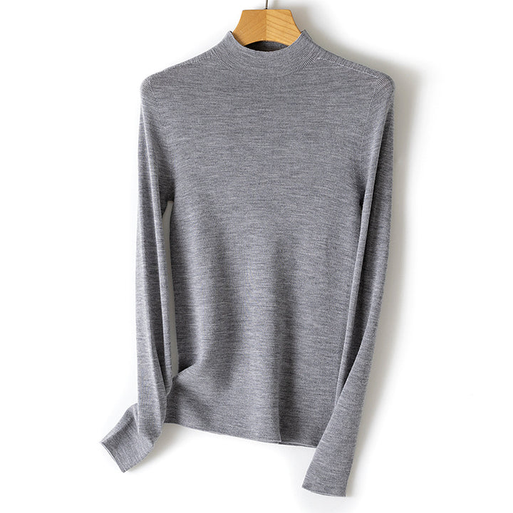 Women Fine Fine Knit Long Sleeve Sweater with Short Stand-Up Collar and Slim-Fit Mune Fashion