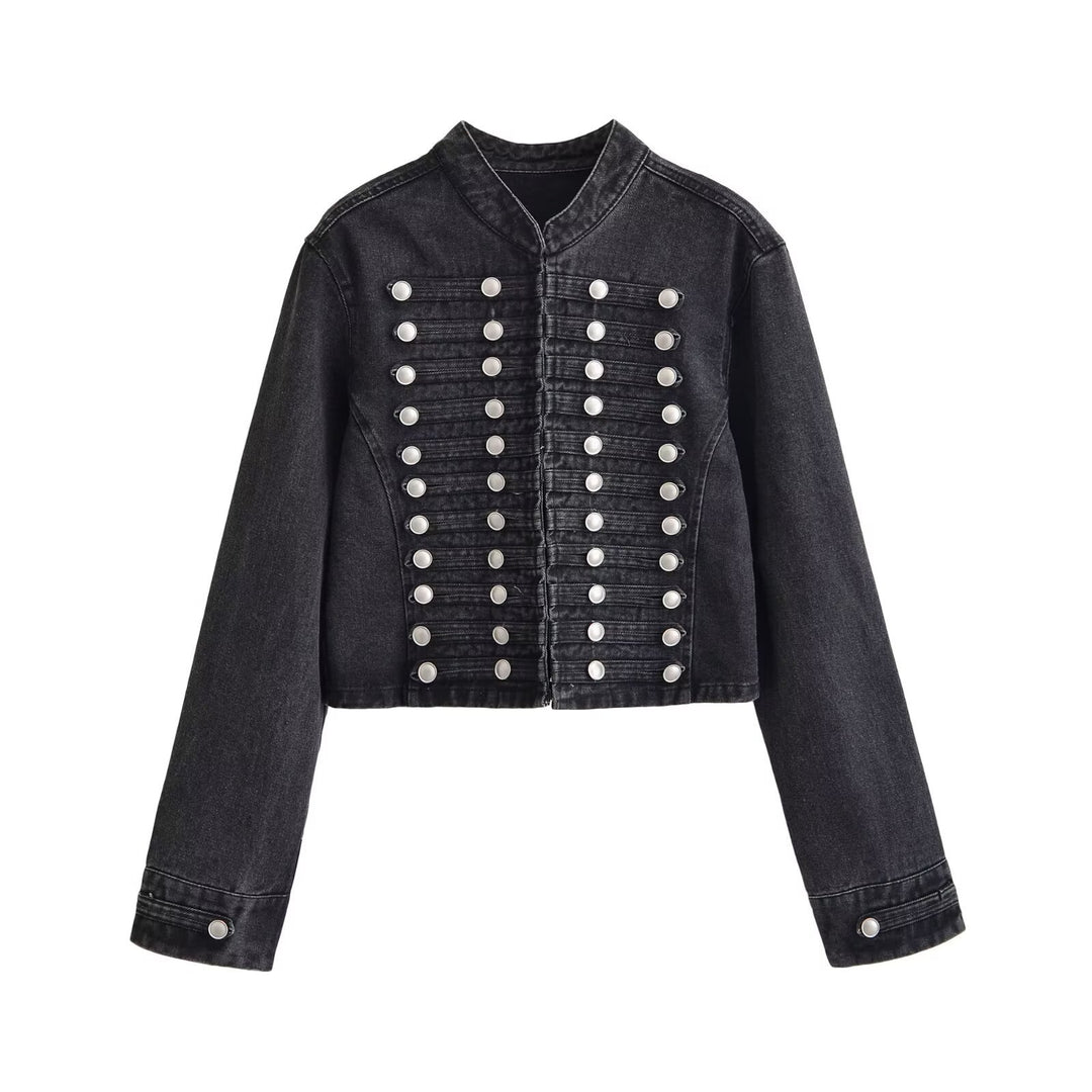 Women's denim jacket in military style with stand-up collar and decorative button plackets Mune Fashion