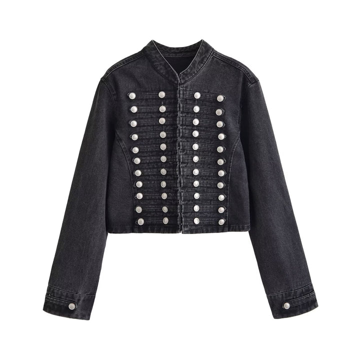 Women's denim jacket in military style with stand-up collar and decorative button plackets Mune Fashion