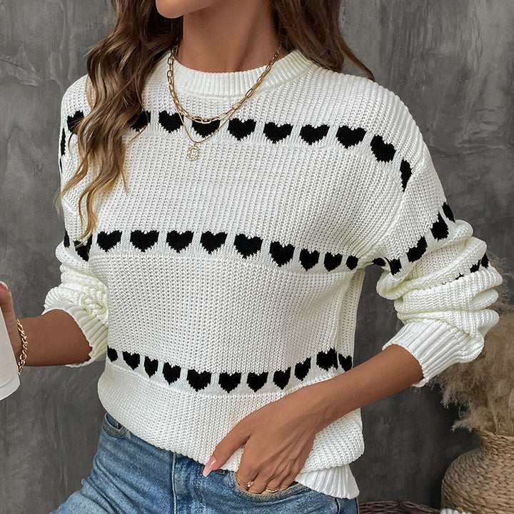 Women's knitted sweater with heart jacquard, oversized round neck & ribbed cuffs Mune Fashion