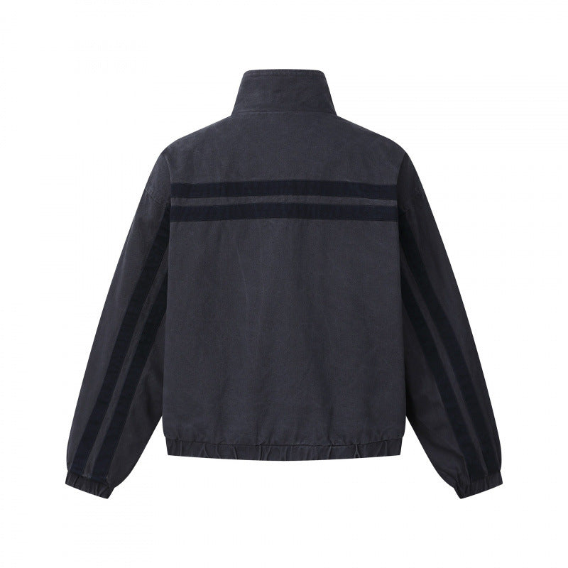 Unisex short cut boxy blouson jacket with stand collar, double stripe detail and checked inner lining Mune Fashion
