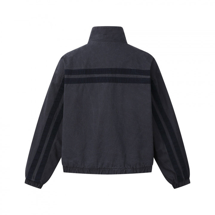 Unisex short cut boxy blouson jacket with stand collar, double stripe detail and checked inner lining Mune Fashion