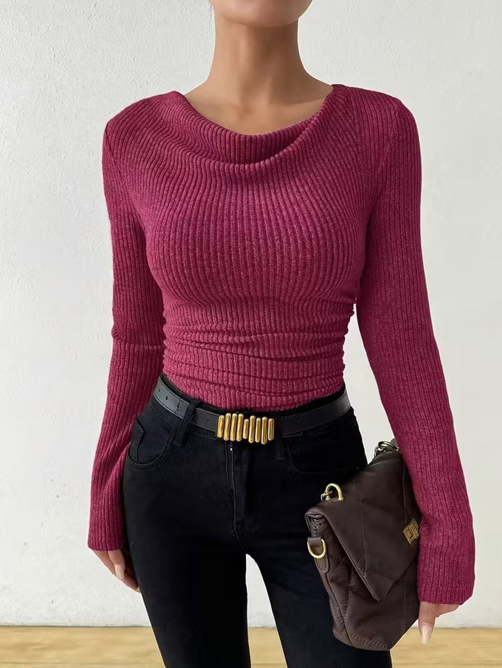 Women’s fitted rib knit long sleeve with ruched waist Mune Fashion