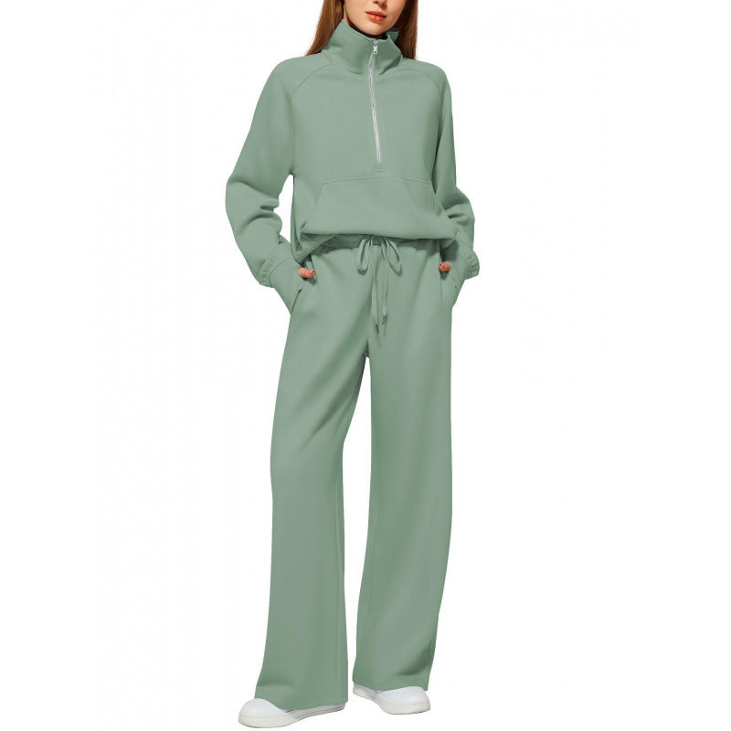 Women's Two-Piece Lounge Set with Half Zip, Stand Collar and Wide Palazzo Pants Mune Fashion