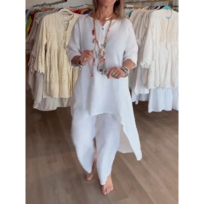 Women's Midi-Length Linen Tunic Set with Asymmetric Hem and Wide Palazzo Pants Mune Fashion