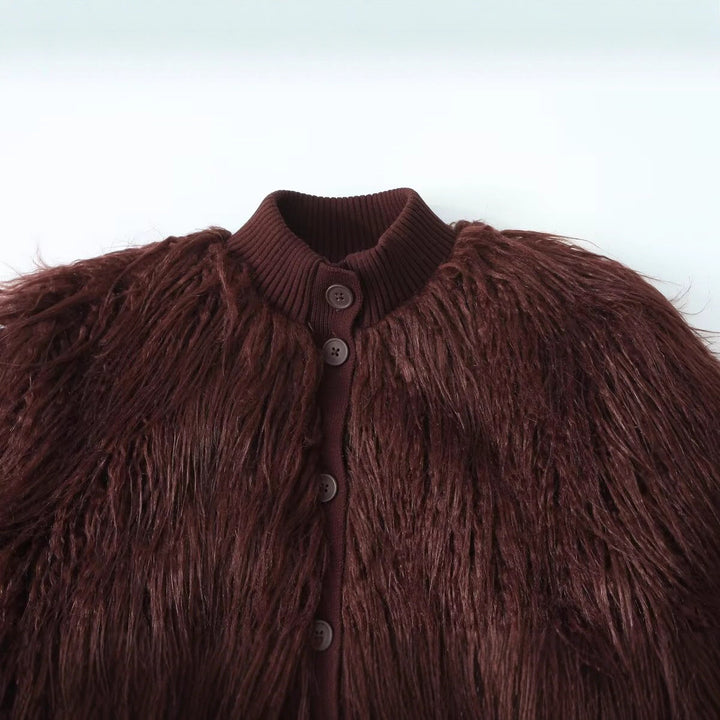Women Short Cut Shaggy Faux Fur Cardigan with Ribbed Collar and Button Placket Mune Fashion