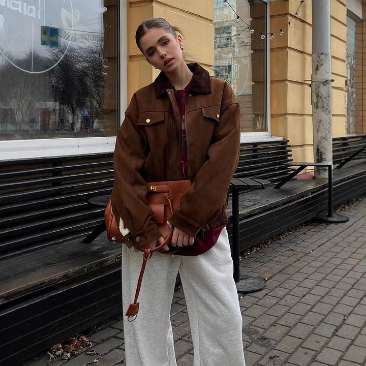 Women's Boxy Suede Blouson Jacket with Cord Collar and Teddy Lining Mune Fashion